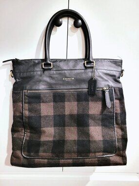 COACH Essex Wool Helmet F71441 Leather Tote Brown Plaid Briefcase Travel Bag